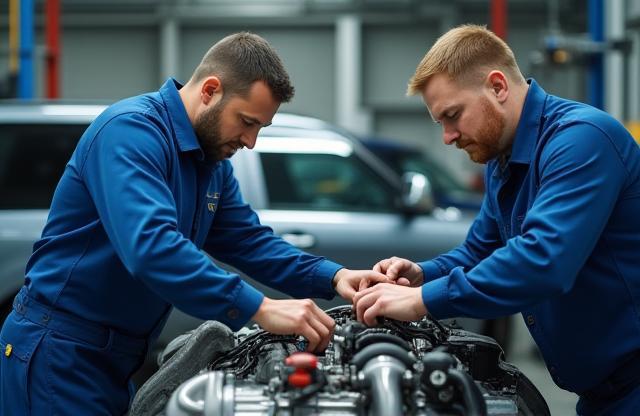 Technicians working diligently on a car engine in a clean, well-lit workshop environment at Motori Brillanti.